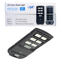 PNI SL220 200W street lighting lamp, with built-in 15W solar panel, 6500K, 1700lm, 3 x built-in 15Ah battery, microwave motion sensor
