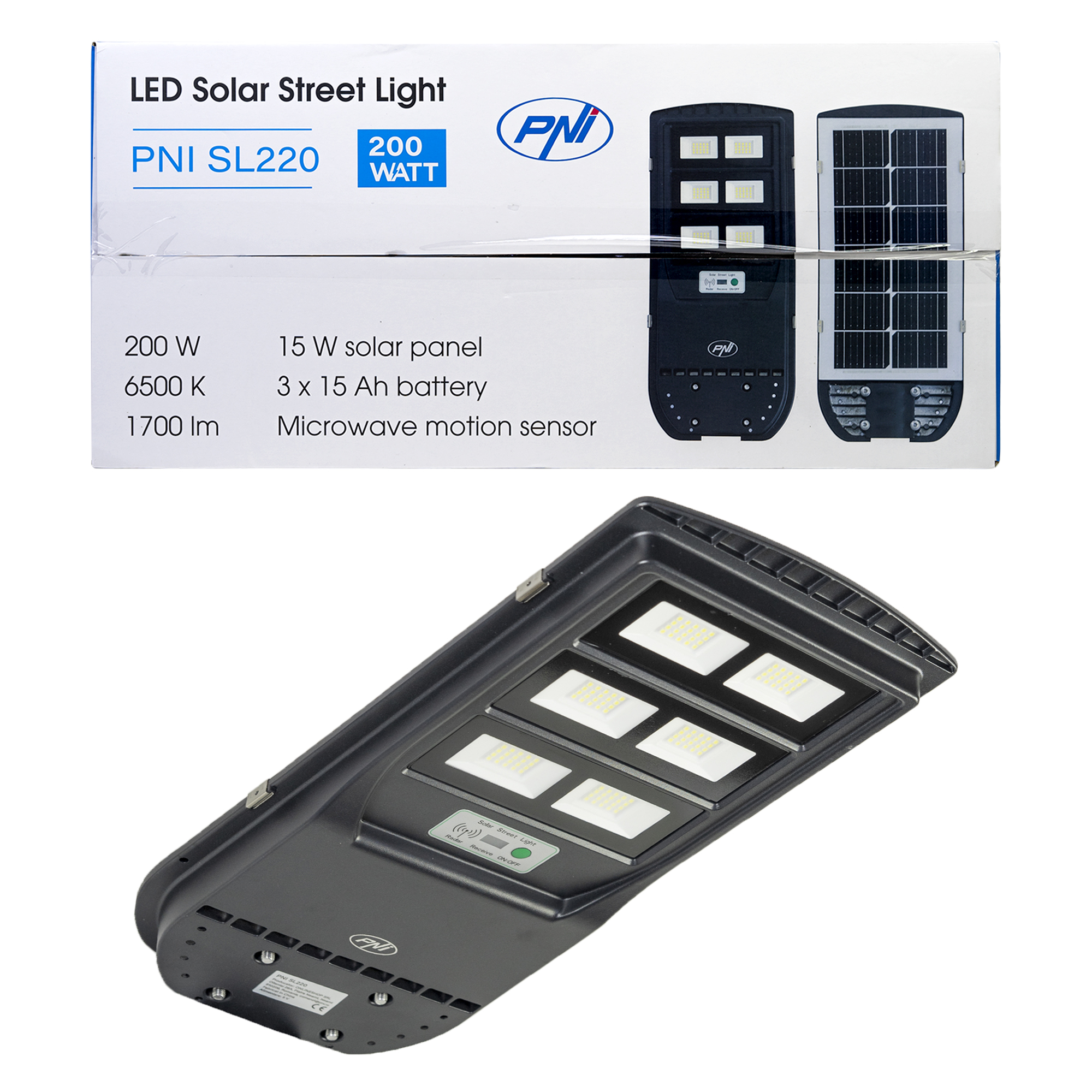 PNI SL220 200W street lighting lamp, with built-in 15W solar panel, 6500K, 1700lm, 3 x built-in 15Ah battery, microwave motion sensor