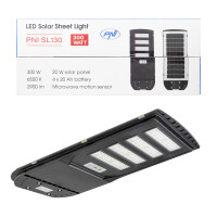 PNI SL130 300W street lighting lamp, with built-in 20W solar panel, 6500K, 2900lm, 4 x built-in 20Ah battery, microwave motion sensor