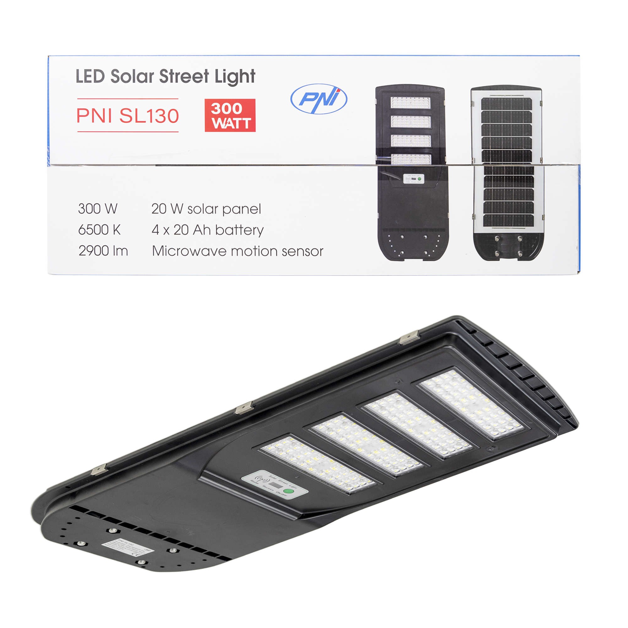 PNI SL130 300W street lighting lamp, with built-in 20W solar panel, 6500K, 2900lm, 4 x built-in 20Ah battery, microwave motion sensor