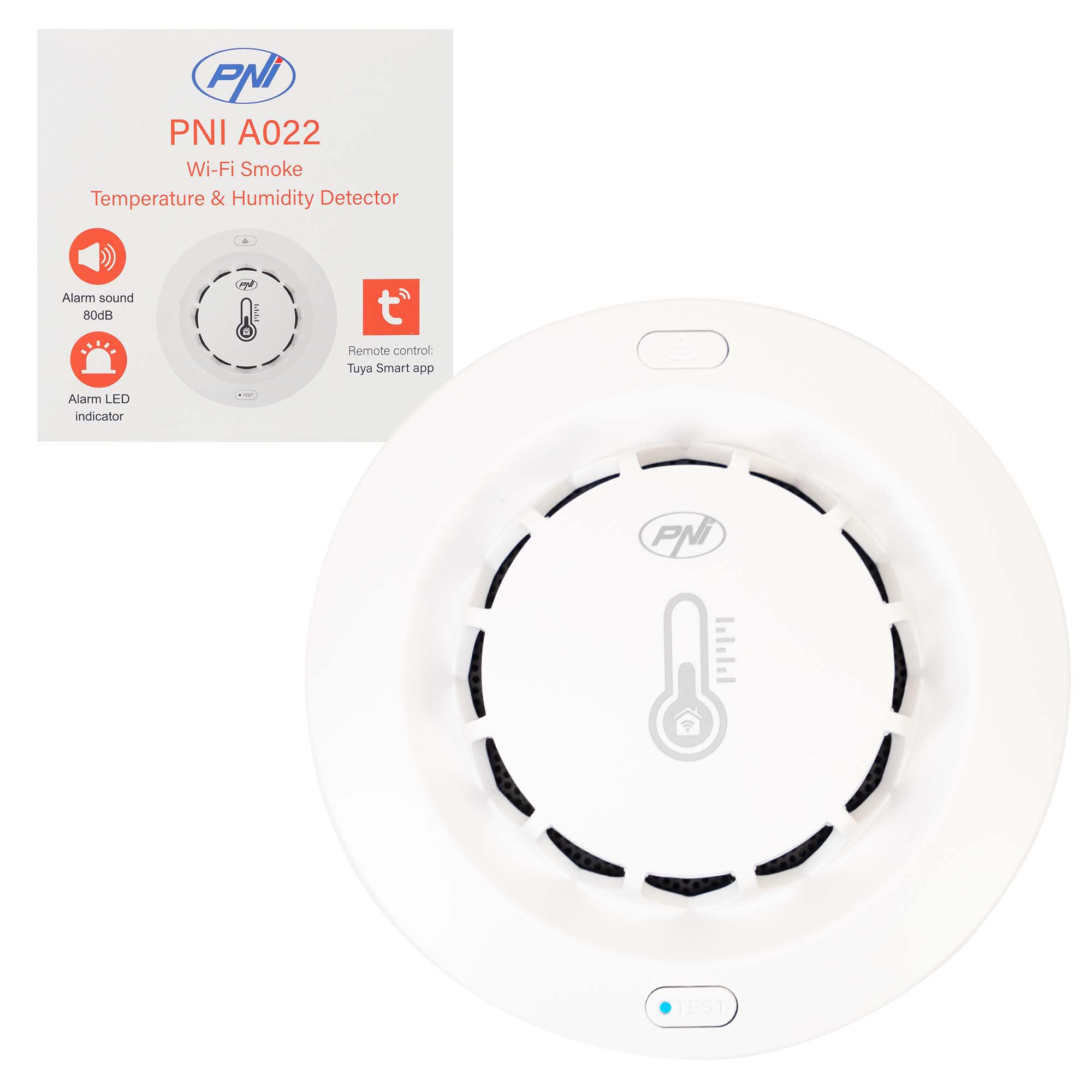 Smoke, temperature and humidity sensor PNI SafeHouse A022 with Wi-Fi, Tuya app, compatible with Alexa and Google Assistant, 80dB, standalone, white
