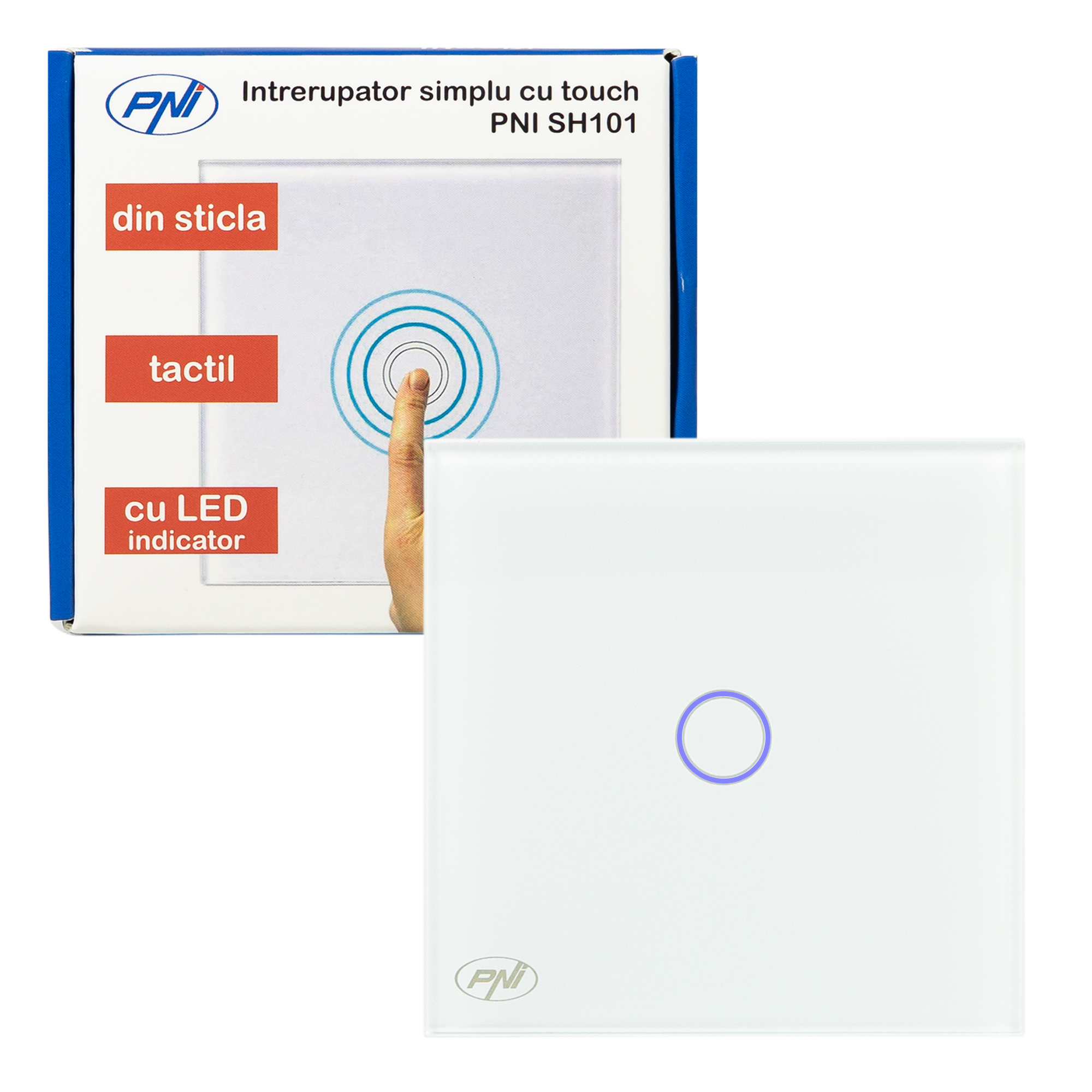 Simple switch with glass PNI SH101 touch, white with LED indicator