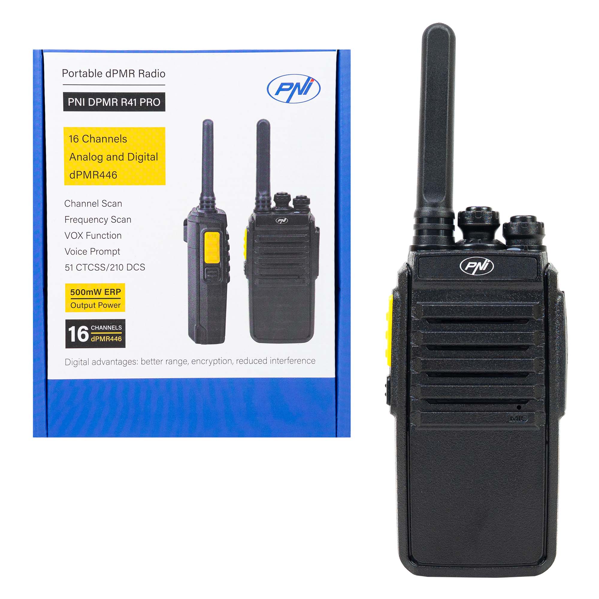 PNI DPMR R41 PRO portable radio station, 0.5W, dPMR446, 16 digital and analog channels, TOT, Scan, Monitor, programmable, 1500mAh battery, CTCSS/DCS