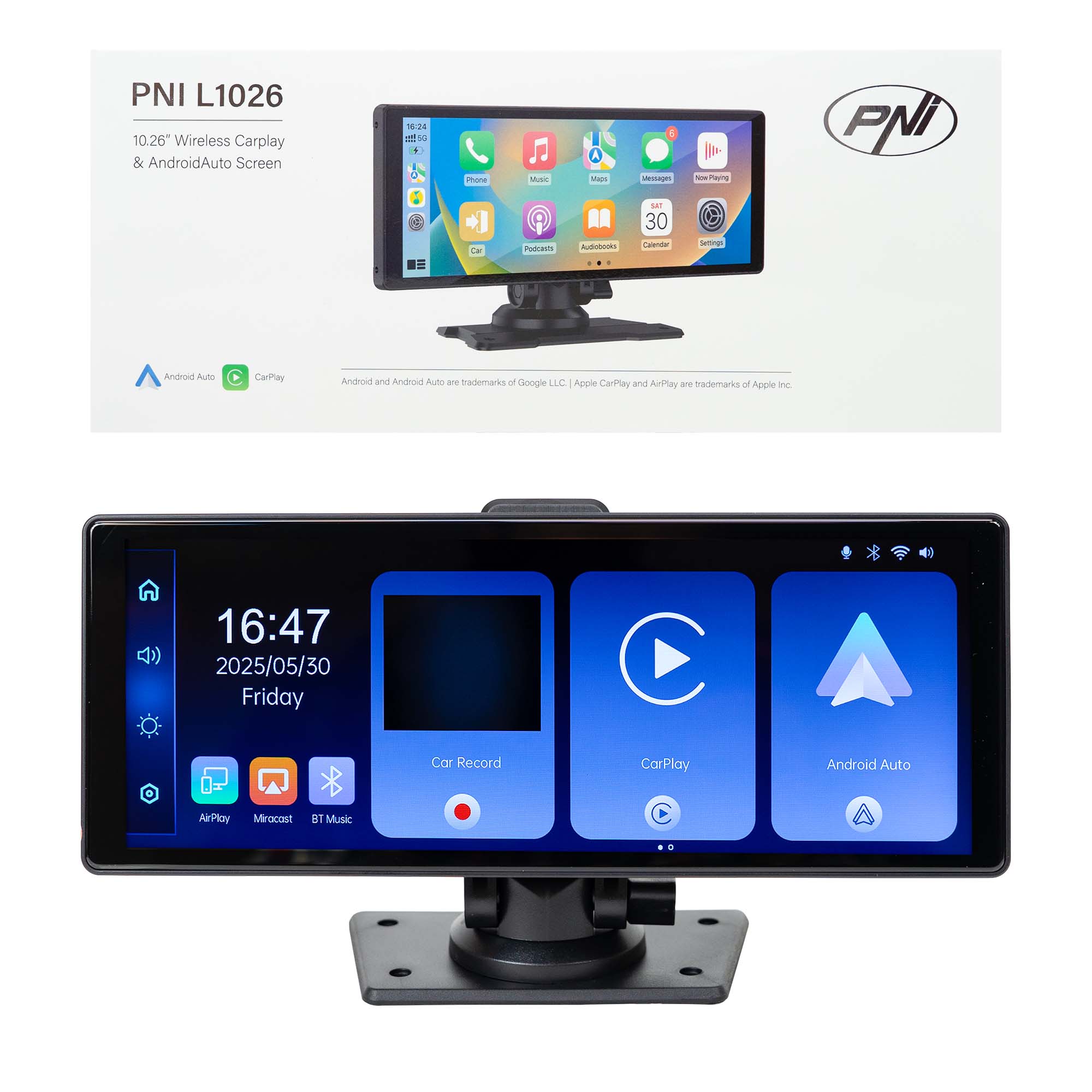 PNI Monitor auto L1026 10.26 inch, wireless Carplay, navigatie, muzica, handsfree, bluetooth, FM transmitter, include camera mers inapoi