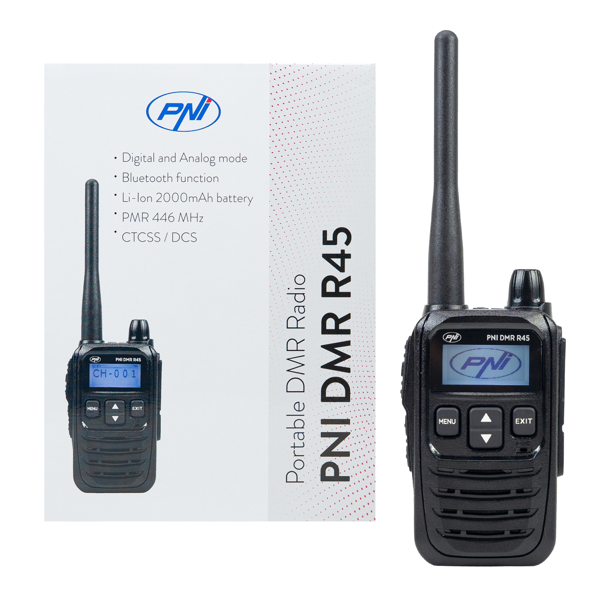 PNI DMR R45 portable radio station, digital and analog, 446MHz, 16 digital channels and 99 analog channels, voice recording function, Li-Ion 2000mAh battery