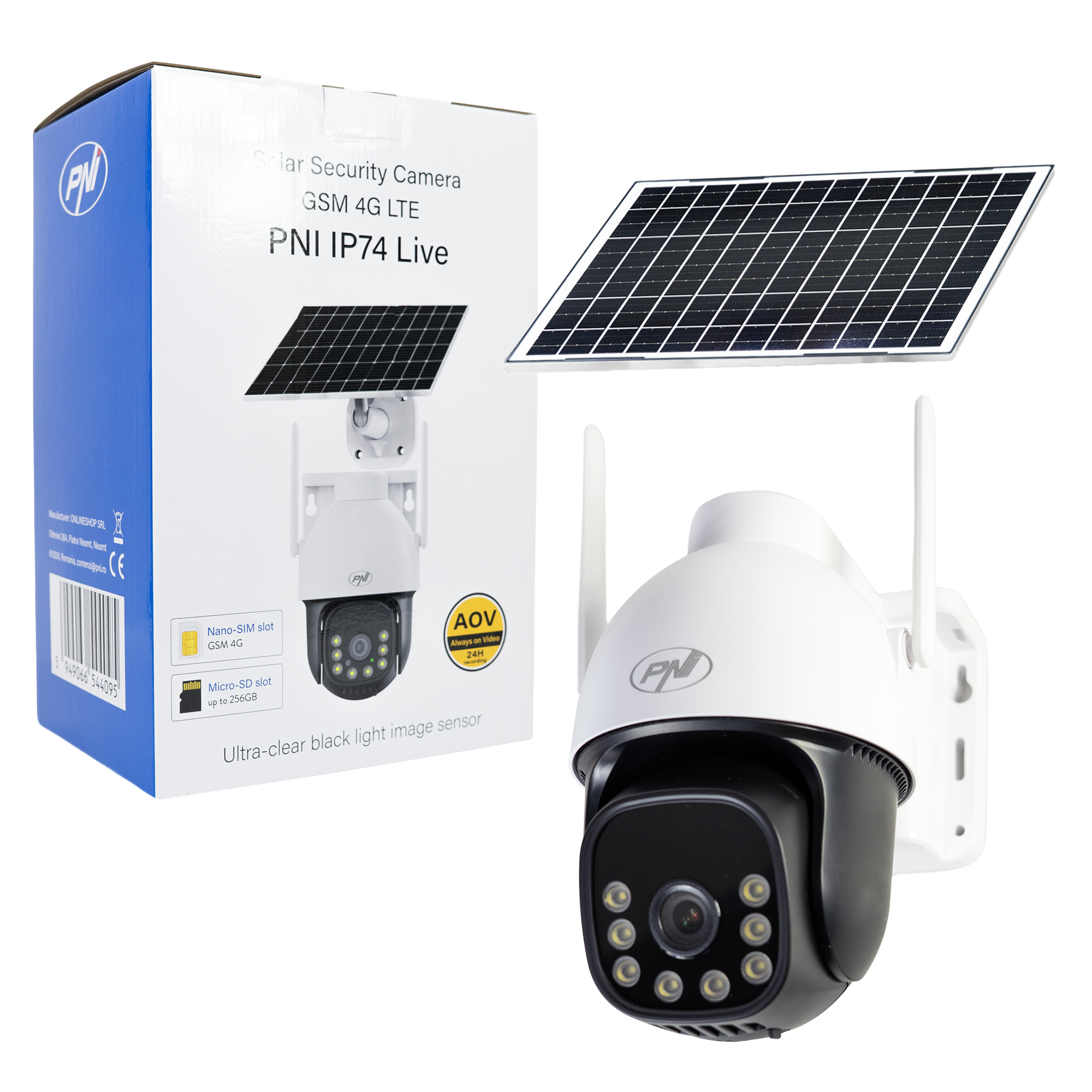 PNI IP74 Live AOV Black Light 4MP GSM 4G video surveillance camera with solar panel and 16000 mAh Always On Video battery
