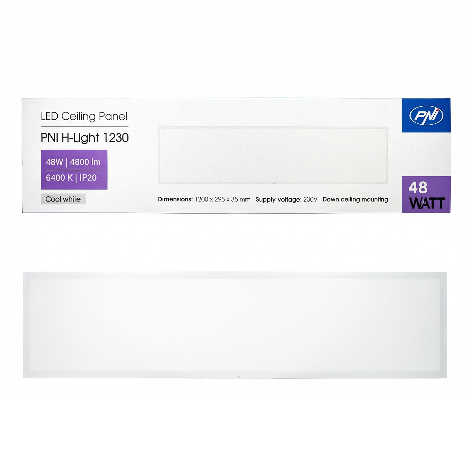 LED PANEL PNI H-Light 1230 48W, 1200x295mm, 4800lm, 6400K, indoor, recessed, cool white