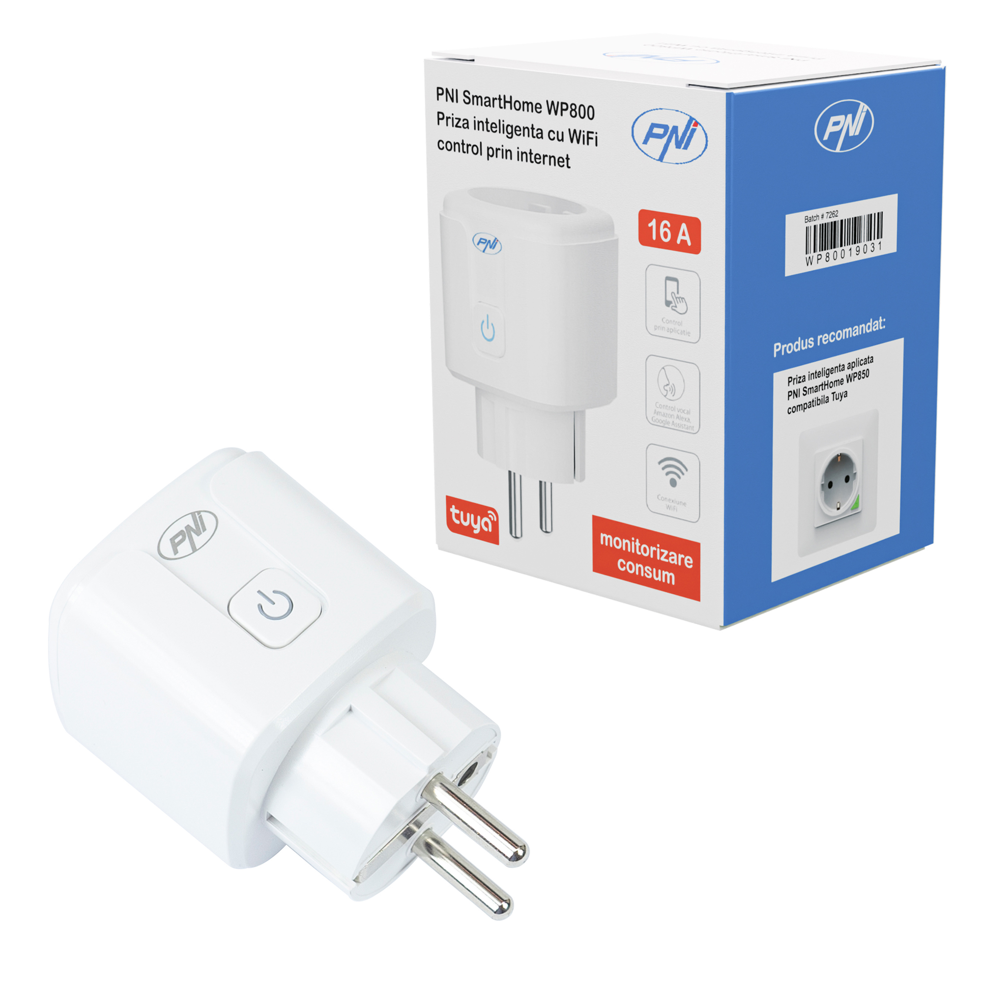 PNI SmartHome WP800 WiFi smart socket, internet control, Tuya Smart App, compatible with Amazon Alexa and Google Home, measures energy consumption