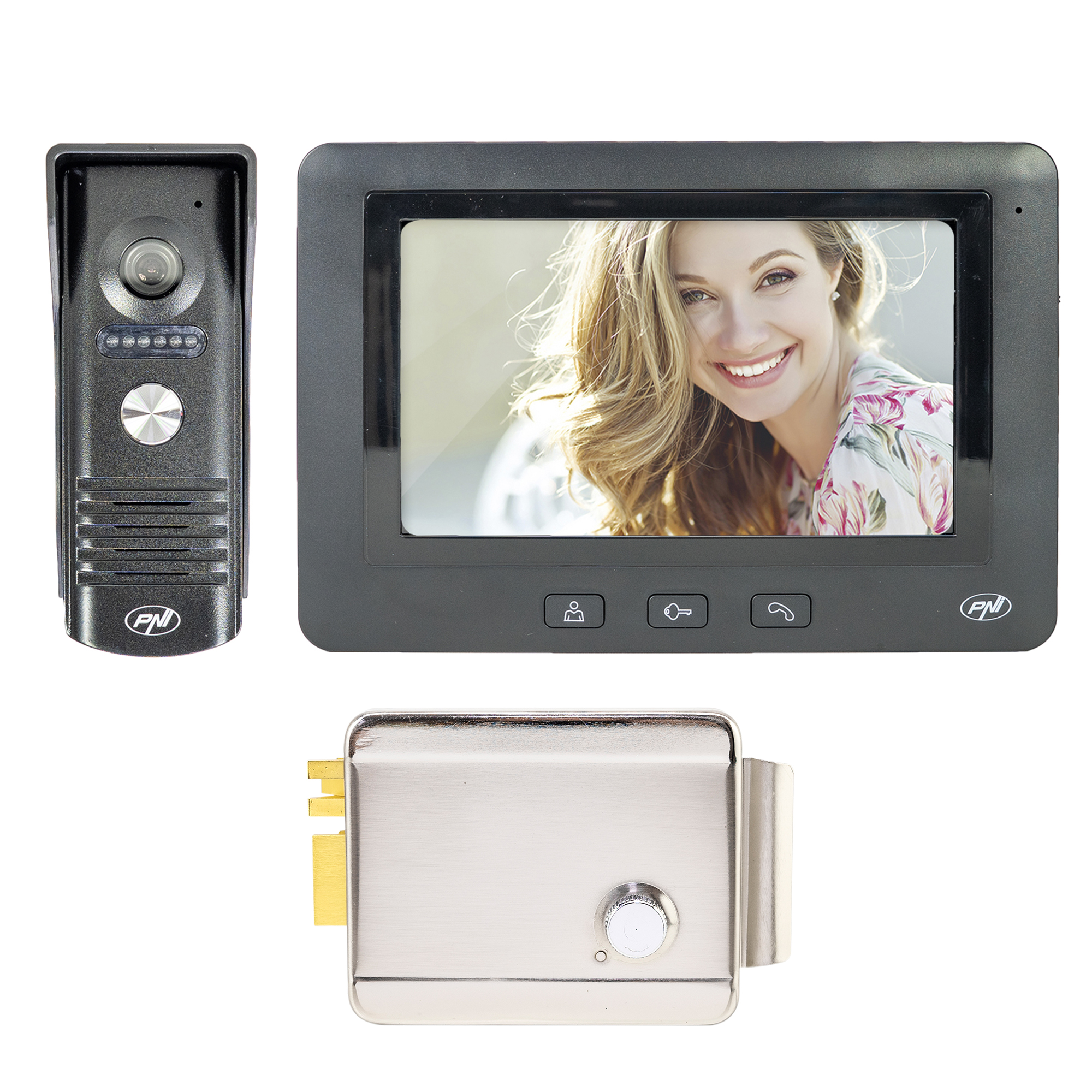 PNI DF930 video intercom package with 1 monitor, 7 inch LCD screen, 800x480 and PNI H1073A electromagnetic Yala