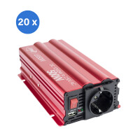 Box with 20 pieces of PNI L650W voltage inverter, dual power supply 12V/24V, 230V output, 500W, modified sine, 5V 500mAh USB plug, with power clamps and cigarette lighter plug included
